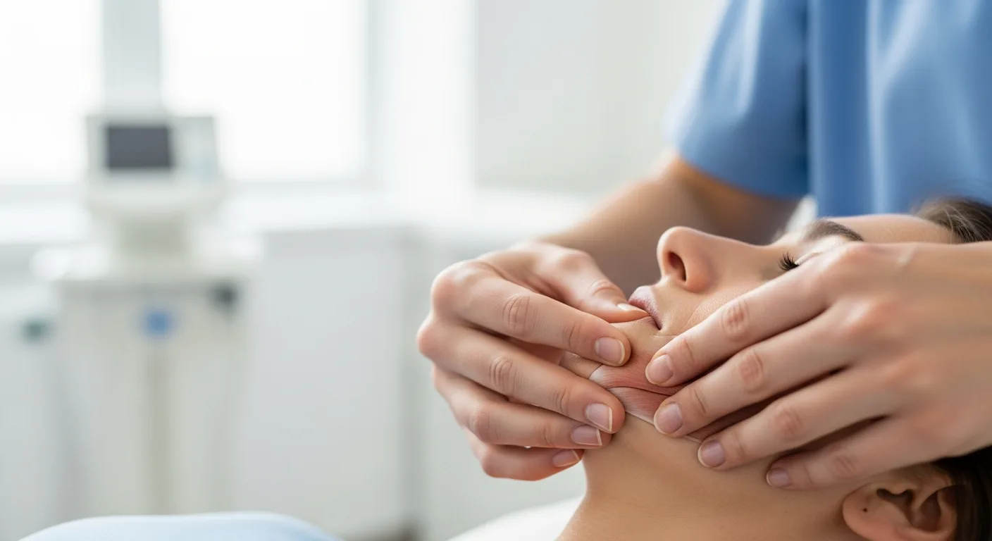 Physiotherapeutin behandelt das Kiefergelenk einer Patientin