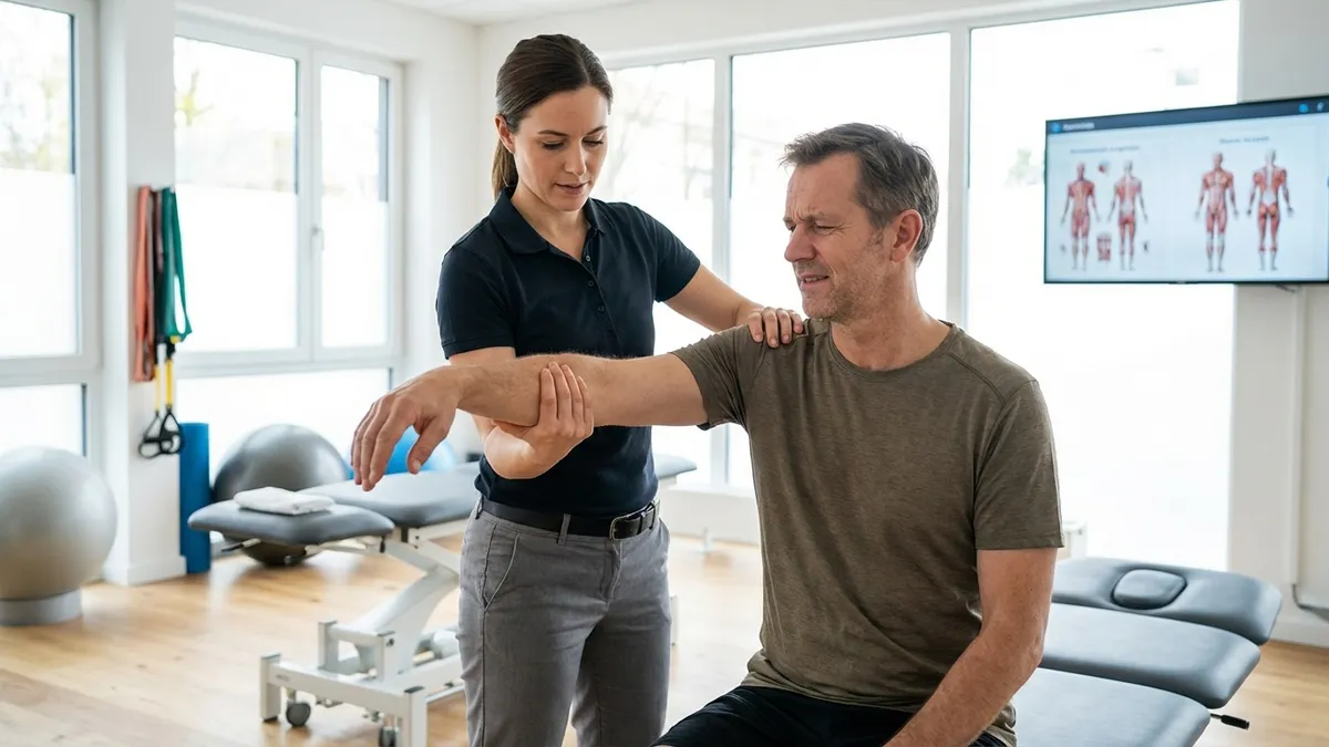 Physiotherapeut mobilisiert die Schulter eines Patienten