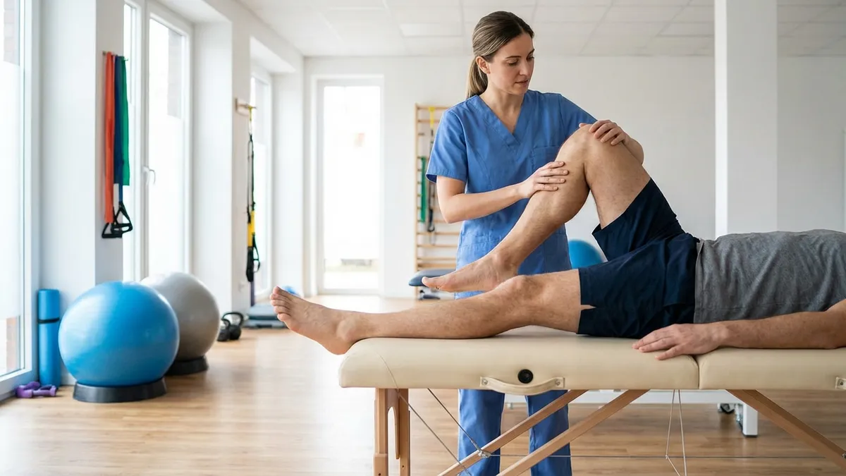 Physiotherapeut mobilisiert das Hüftgelenk