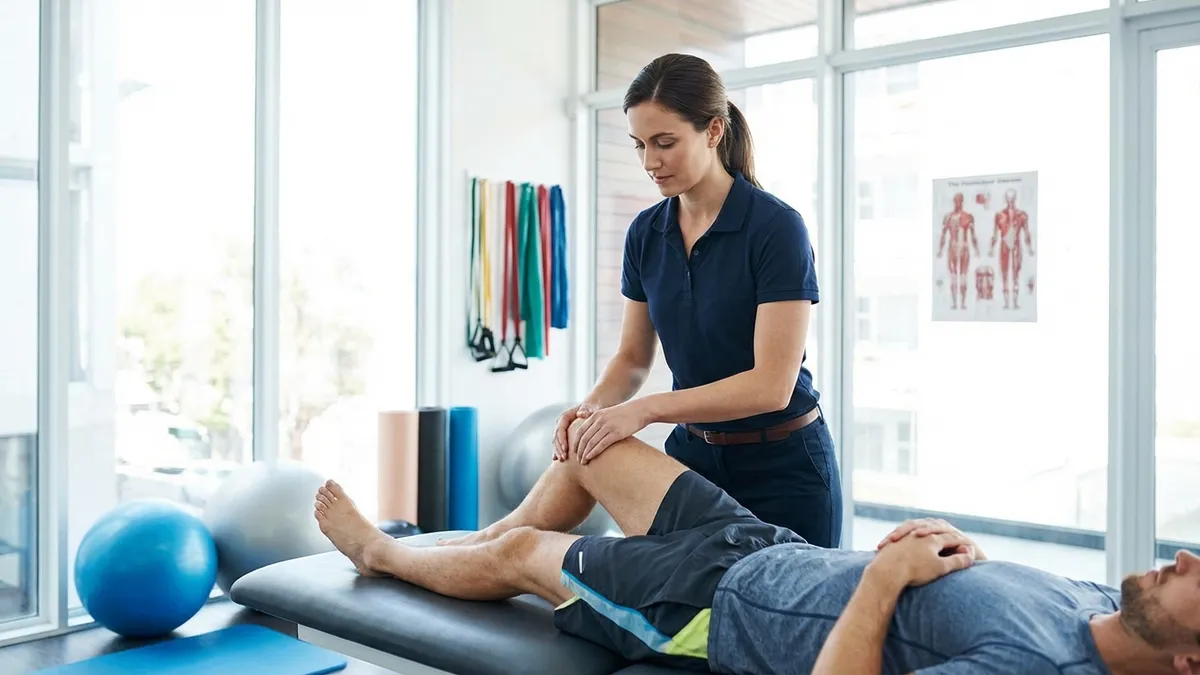 Physiotherapeut untersucht das Knie eines Patienten