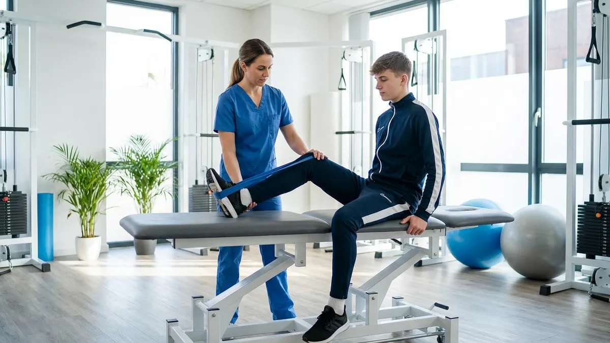 Physiotherapeut unterstützt Patienten bei Knie-Rehabilitation