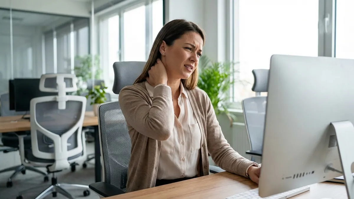 Frau am Schreibtisch fasst sich an den verspannten Nacken
