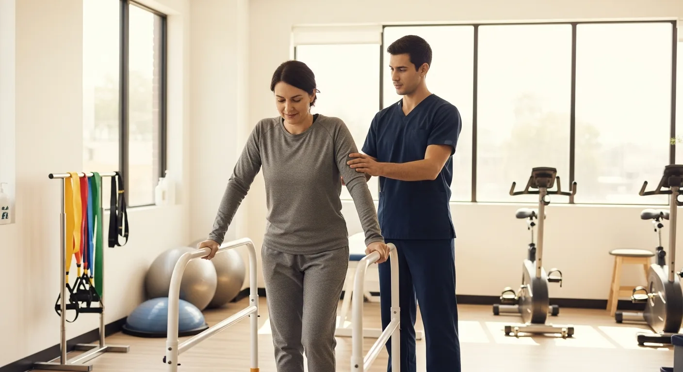 Physiotherapeut unterstützt einen Patienten bei der Rehabilitation nach einer Knieoperation