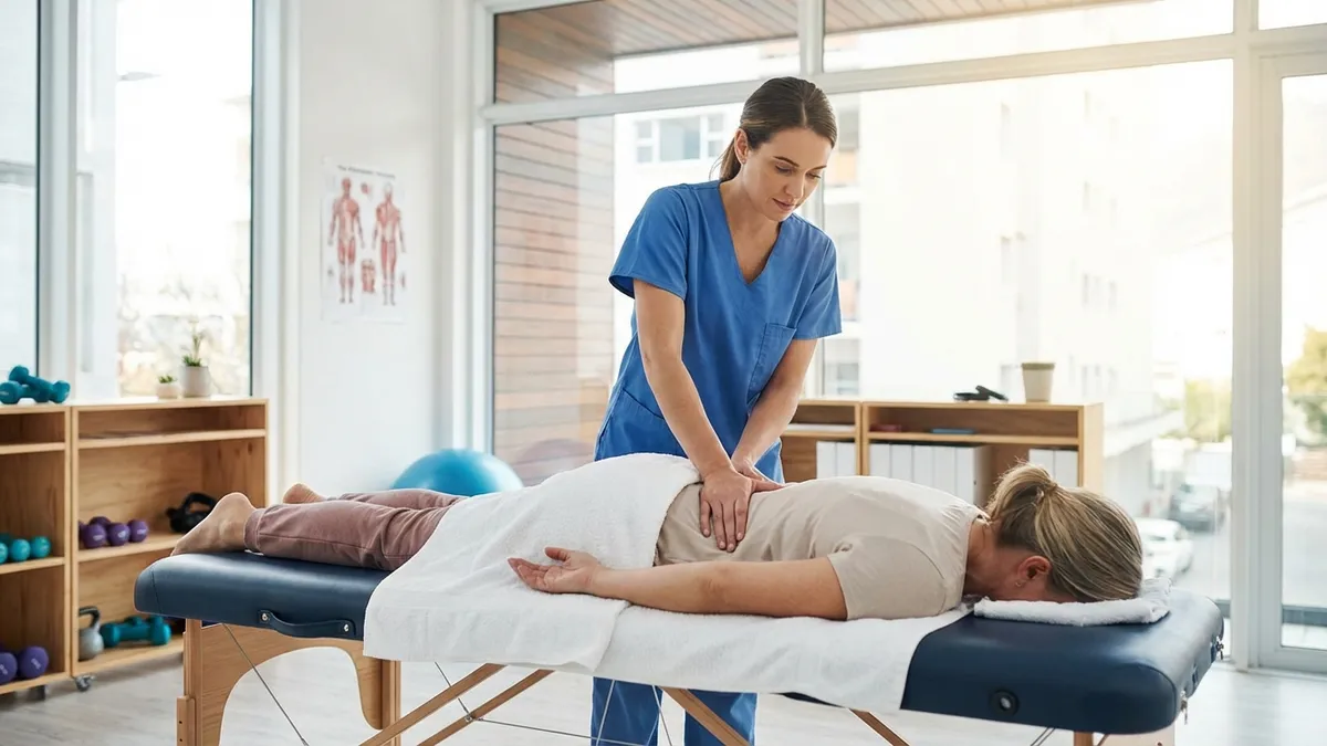 Physiotherapeut behandelt den unteren Rücken eines Patienten