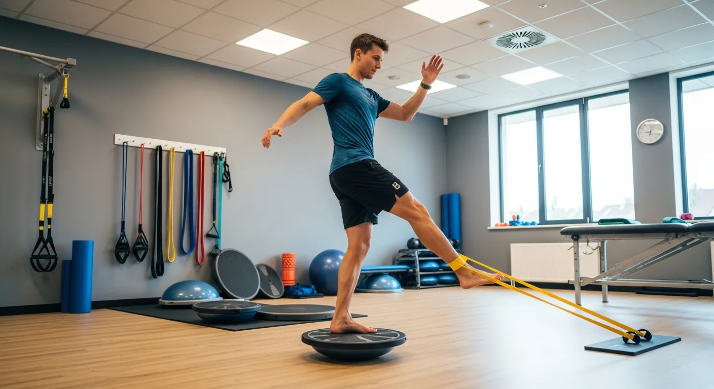 Physiotherapeut betreut einen Patienten beim Training gegen Fersenschmerz