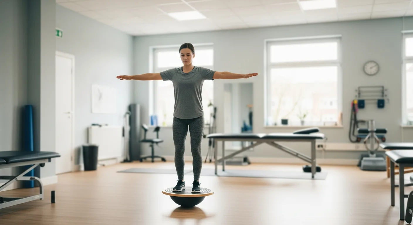 Person steht auf einem Balancekissen und trainiert das Gleichgewicht
