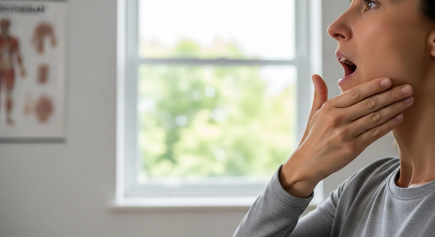 Person übt kontrollierte Kieferöffnung mit der Hand als Führung
