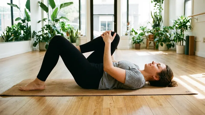 Person zieht in Rückenlage ein Knie zur Brust um das ISG zu mobilisieren