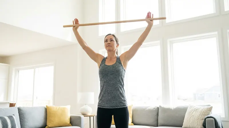 Person dehnt die Schulter mit einem Besenstiel über dem Kopf