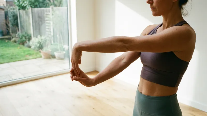 Person dehnt die Unterarmstrecker mit ausgestrecktem Arm und nach unten gezogener Hand