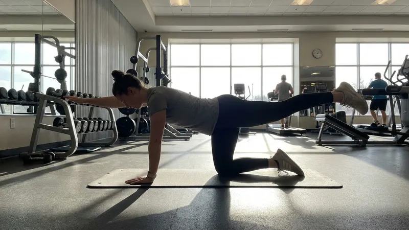 Person im Vierfüßlerstand streckt diagonal Arm und Bein aus zur Rumpfstabilisierung